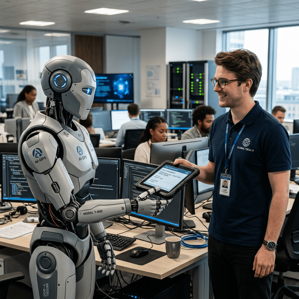 Humanoid robot holding a tablet showing system analysis, interacting with smiling IT specialist in office.