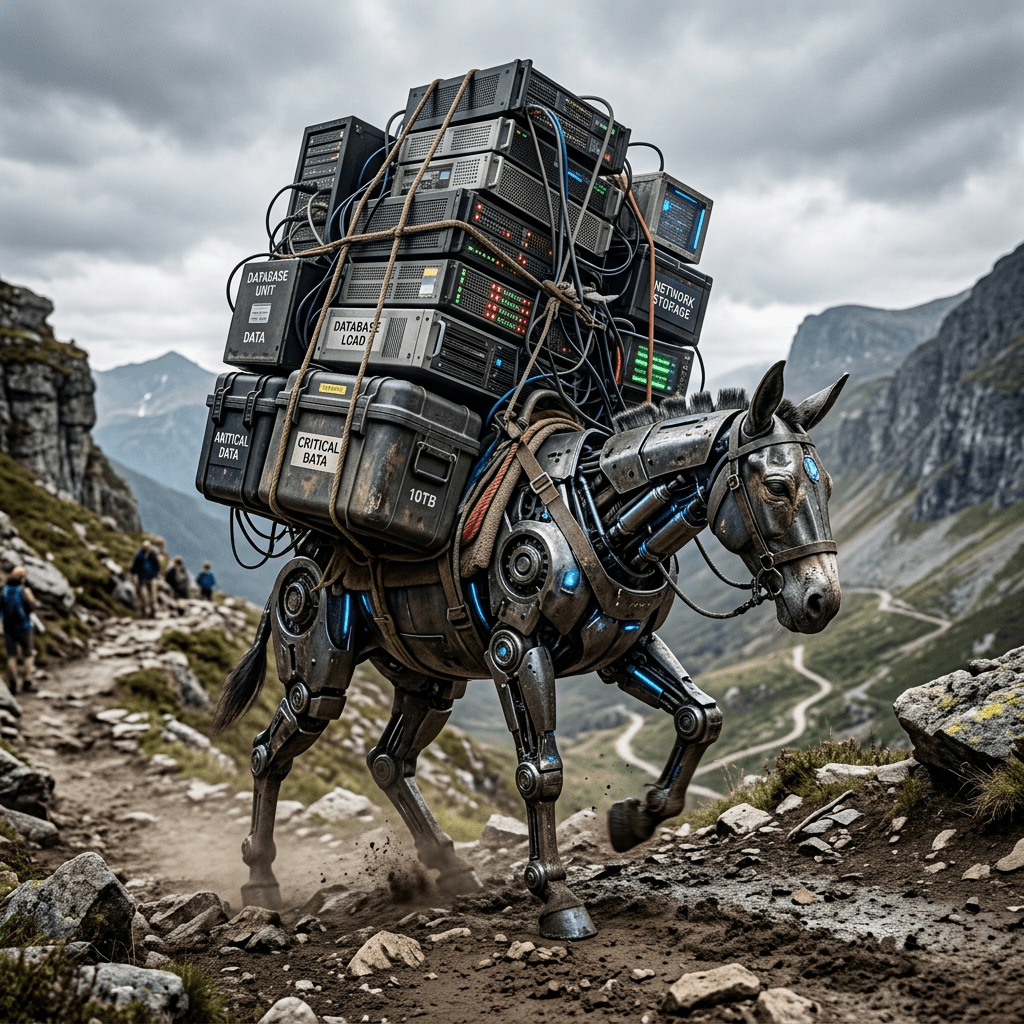 Mechanical robotic mule carrying multiple servers and data storage units on a mountain path
