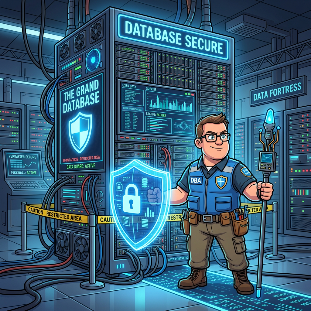 Database administrator in server room holding security staff with digital shield showing lock icon