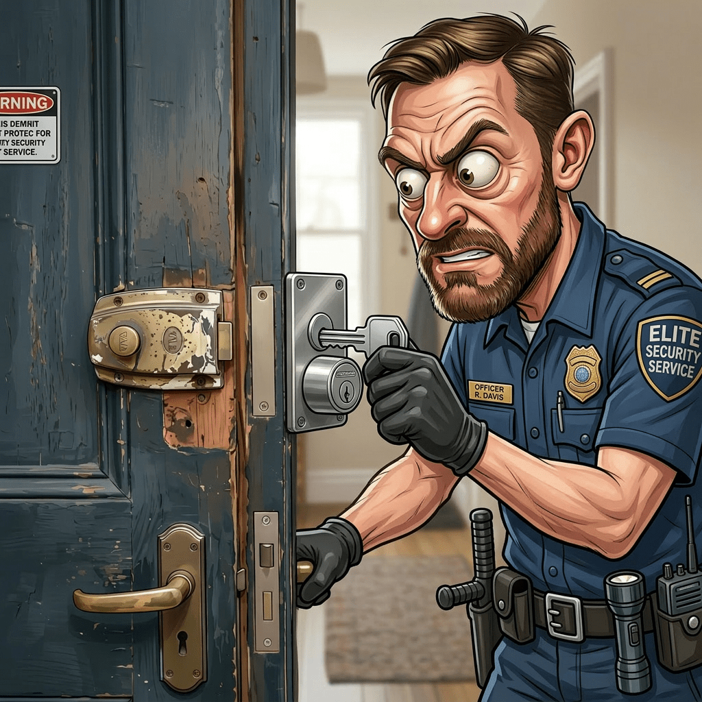 Security officer in uniform focused on unlocking a door with a key.