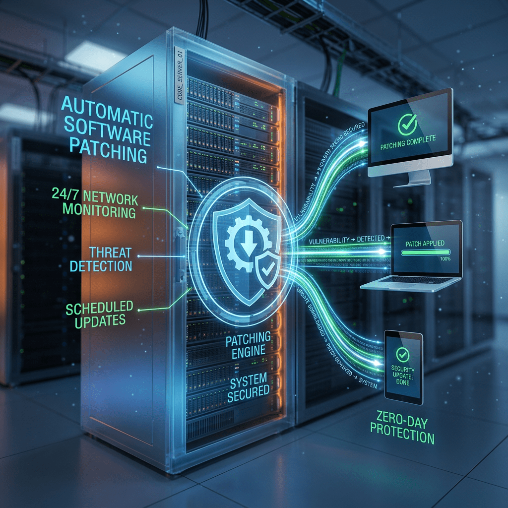 Server applying automatic software patches with network monitoring and threat detection