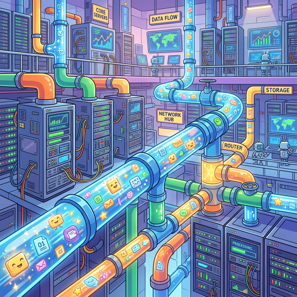 Digital data packets flowing through transparent pipes connecting servers and routers in a network hub