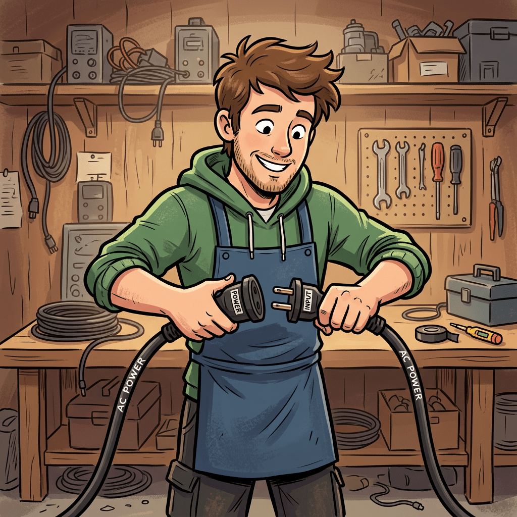 Technician connecting power and input AC power cables in workshop
