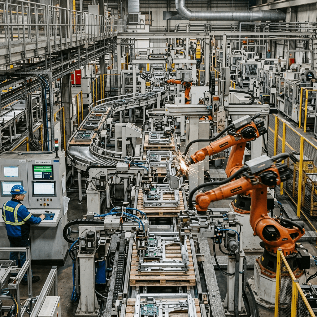 Robotic arms working on electronic circuit boards in a factory