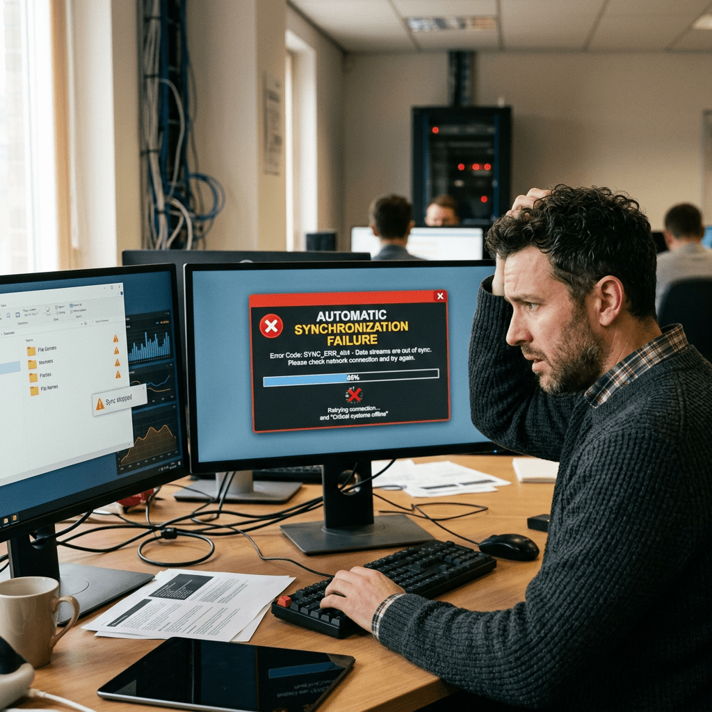 Man at desk looking concerned at computer screen showing automatic synchronization failure error