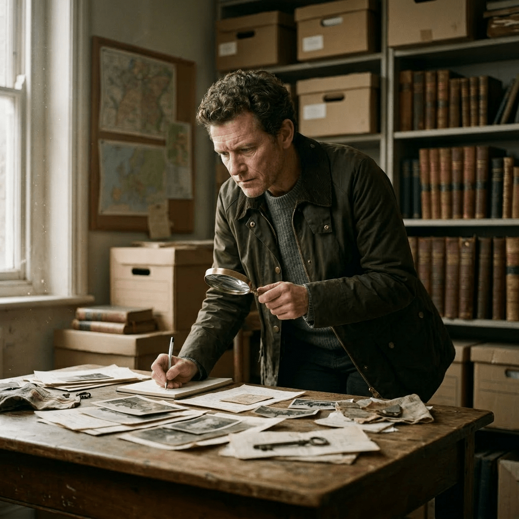 Woman using magnifying glass to inspect historic photographs and papers on a wooden table