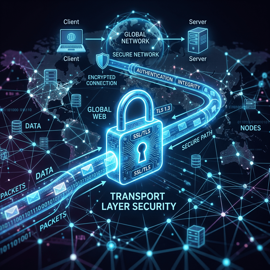 Digital illustration showing SSL/TLS lock securing data packets across a global network between clients and servers