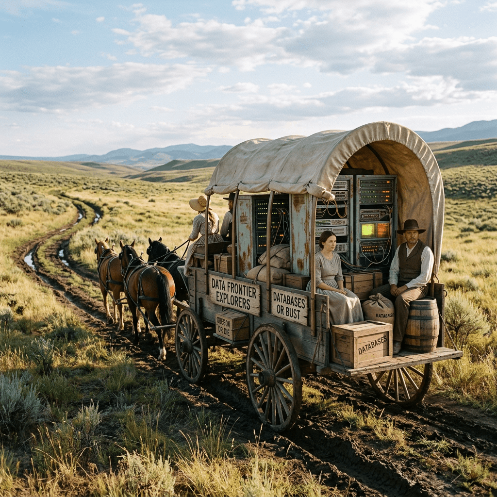 Databases riding horse carriage on Oregon Trail