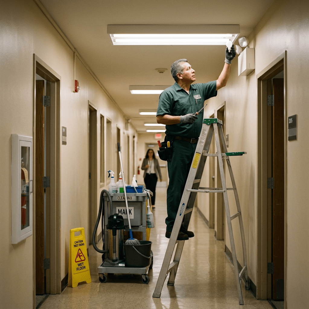 Maintenance worker on ladder changing light bulb in hallway