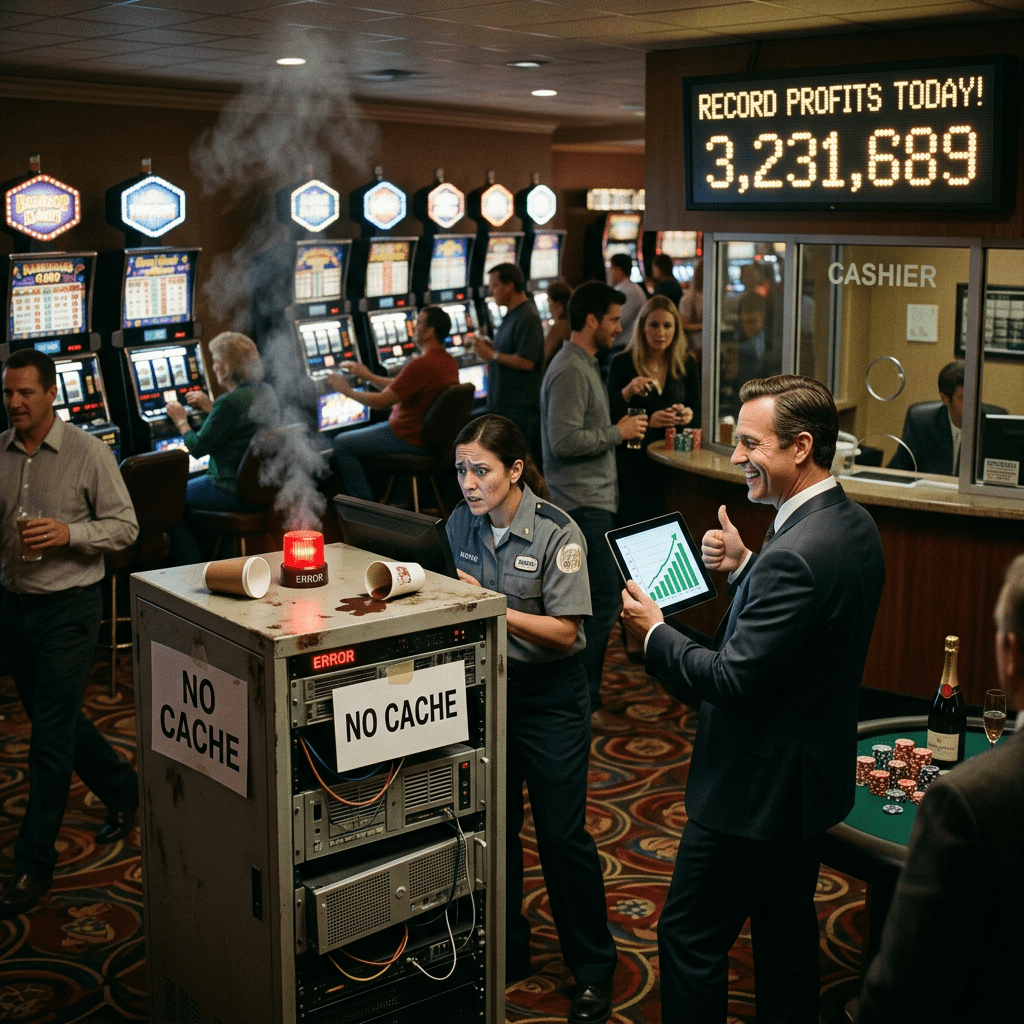 Casino server showing 'NO CACHE' error and smoke while man shows rising profits on tablet
