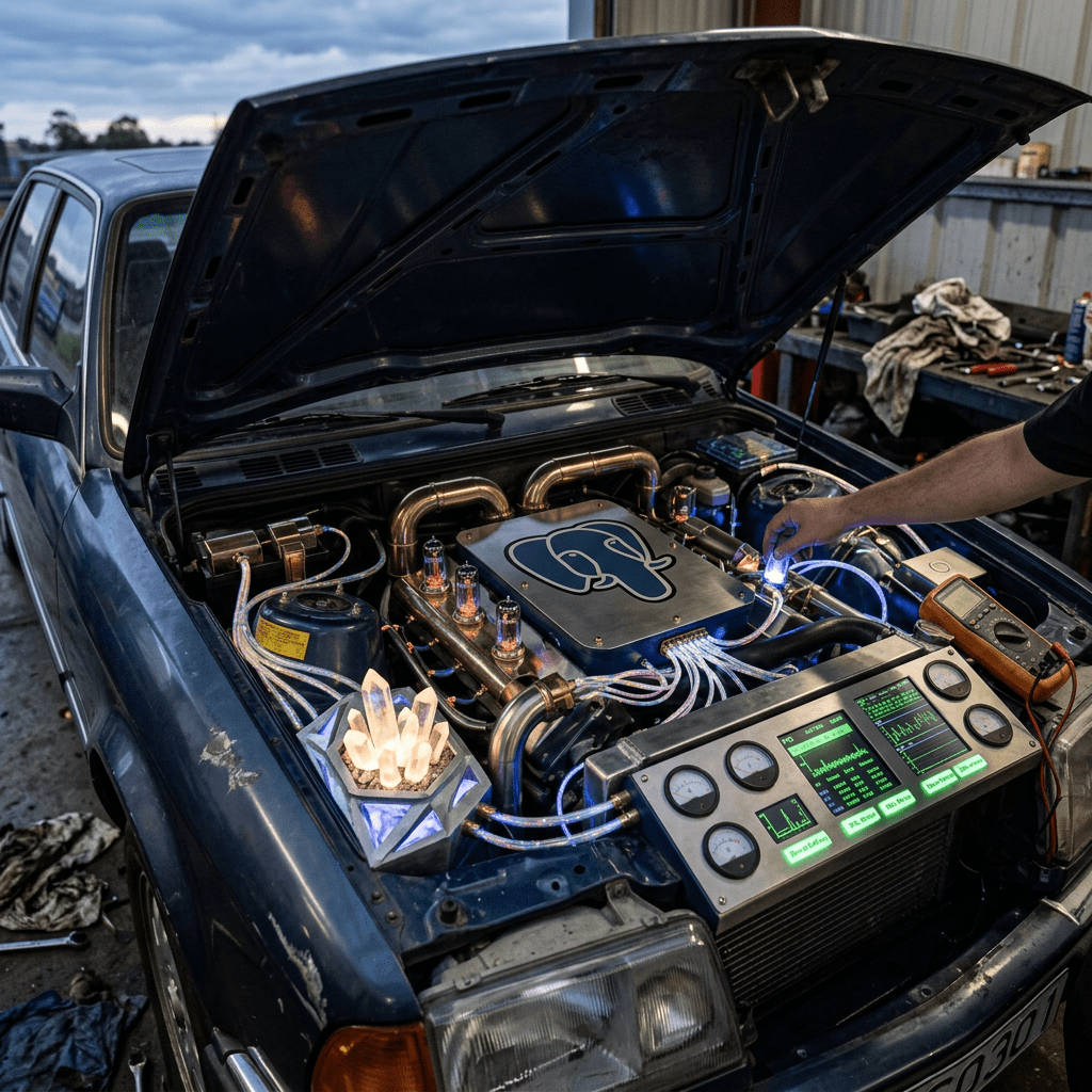 Car engine bay featuring futuristic glowing components and digital displays