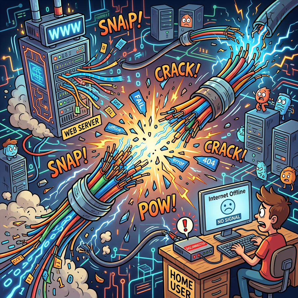 Cartoon network outage with broken cables, servers, and text: WWW, SNAP, CRACK, POW, WEB SERVER, FAIL, offline, error, 404, Internet Offline, NO SIGNAL, DISCONNECTED, HOME USER