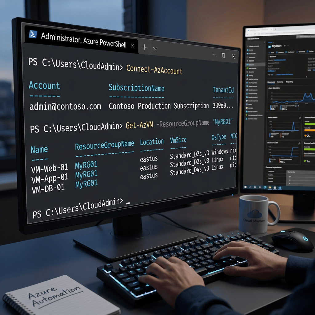 PowerShell displays Connect-AzAccount and Get-AzVM results for Azure virtual machines