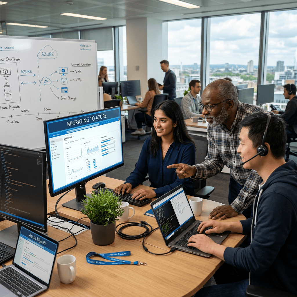 Team collaborating on Azure migration, with “MIGRATING TO AZURE” displayed on monitor.