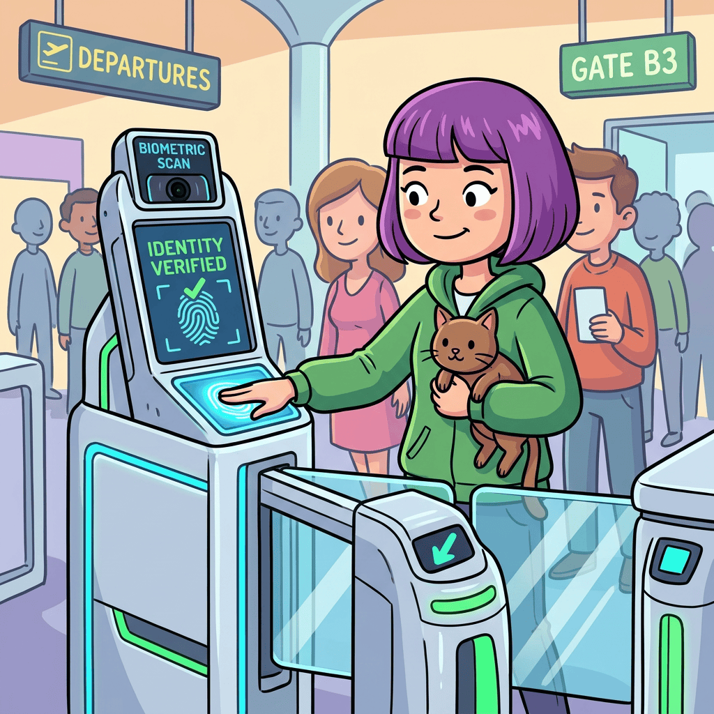 Airport traveler using biometric scan; signs read DEPARTURES, GATE B3, BIOMETRIC SCAN, IDENTITY VERIFIED